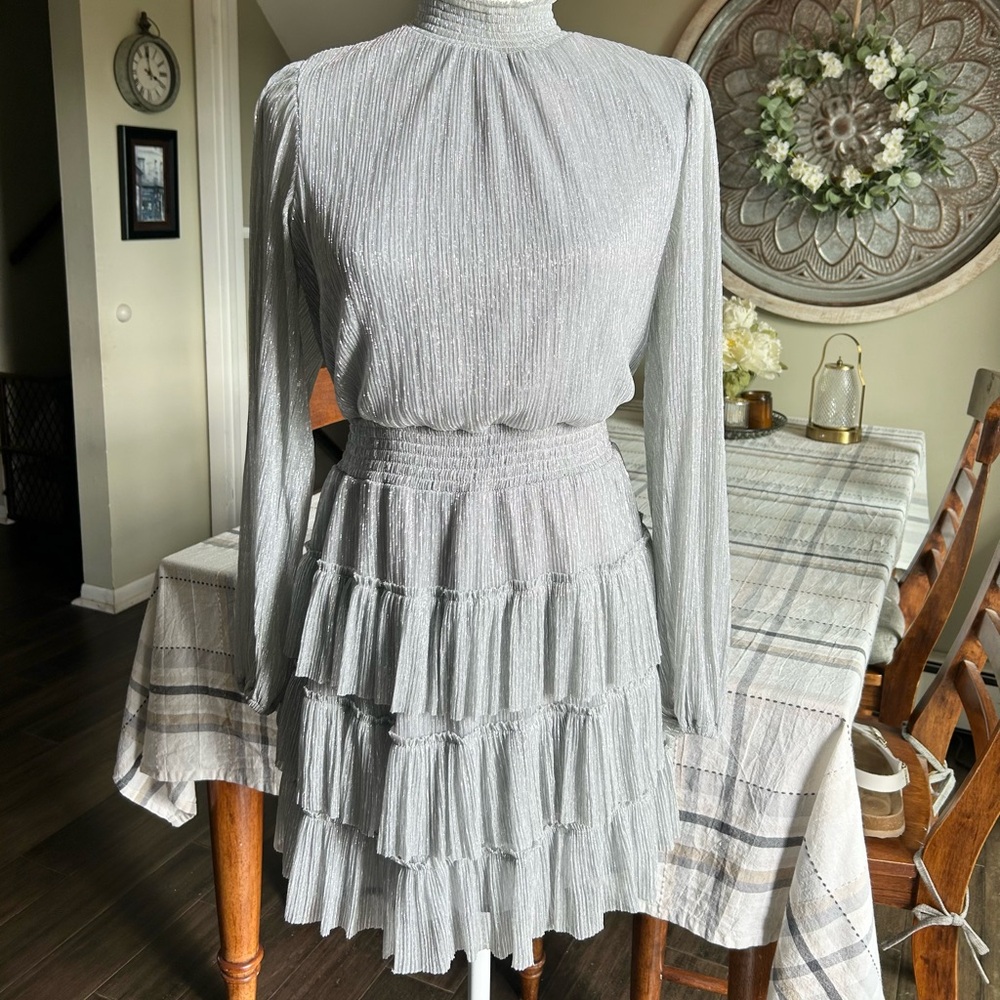 Express Silver Metallic Tiered Ruffle Dress